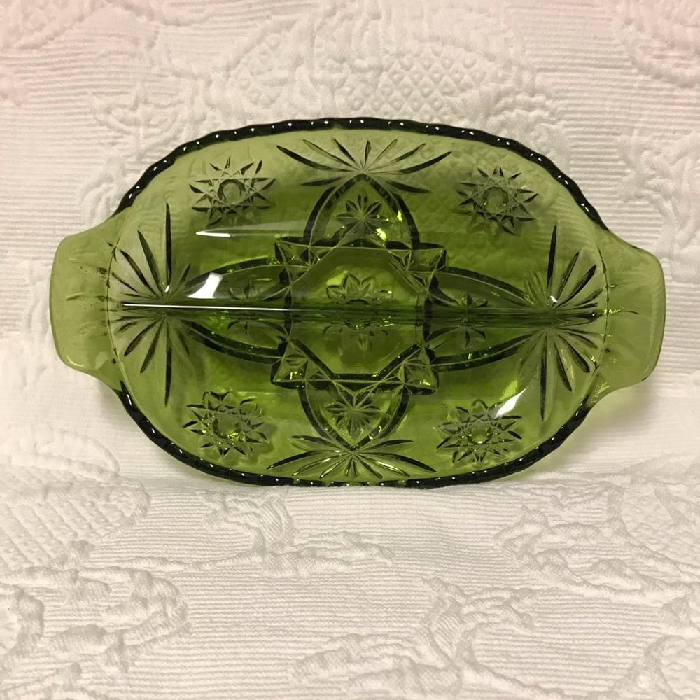Vintage original Divided Olive Green Relish Tray with tab Handles